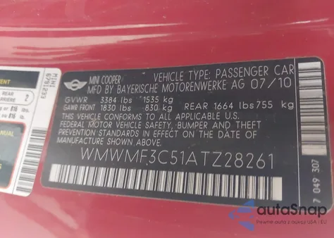 2010 Mini Cooper z USA, uszkodzony, nr VIN WMWMF3C51ATZ28261